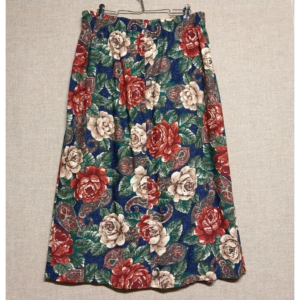 Vintage Kathie Lee Rich Orange Beige Blue Floral Skirt Pleated Maxi USA  Size 10
